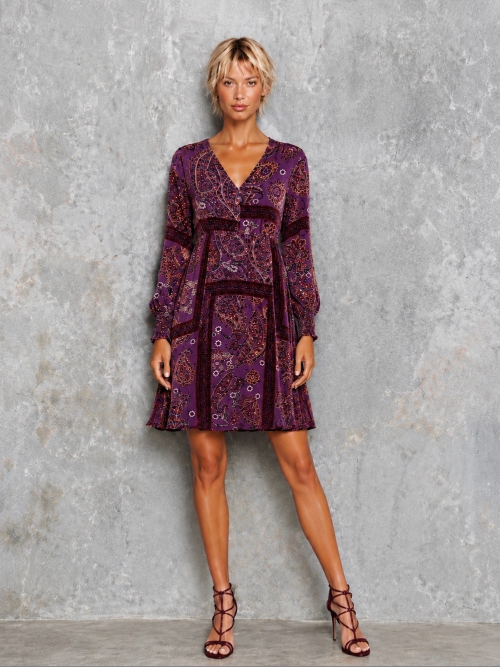New๐บ$398 Johnny Was Kinney Domitila Burnout Silk Blend Paisley Dress Purple M